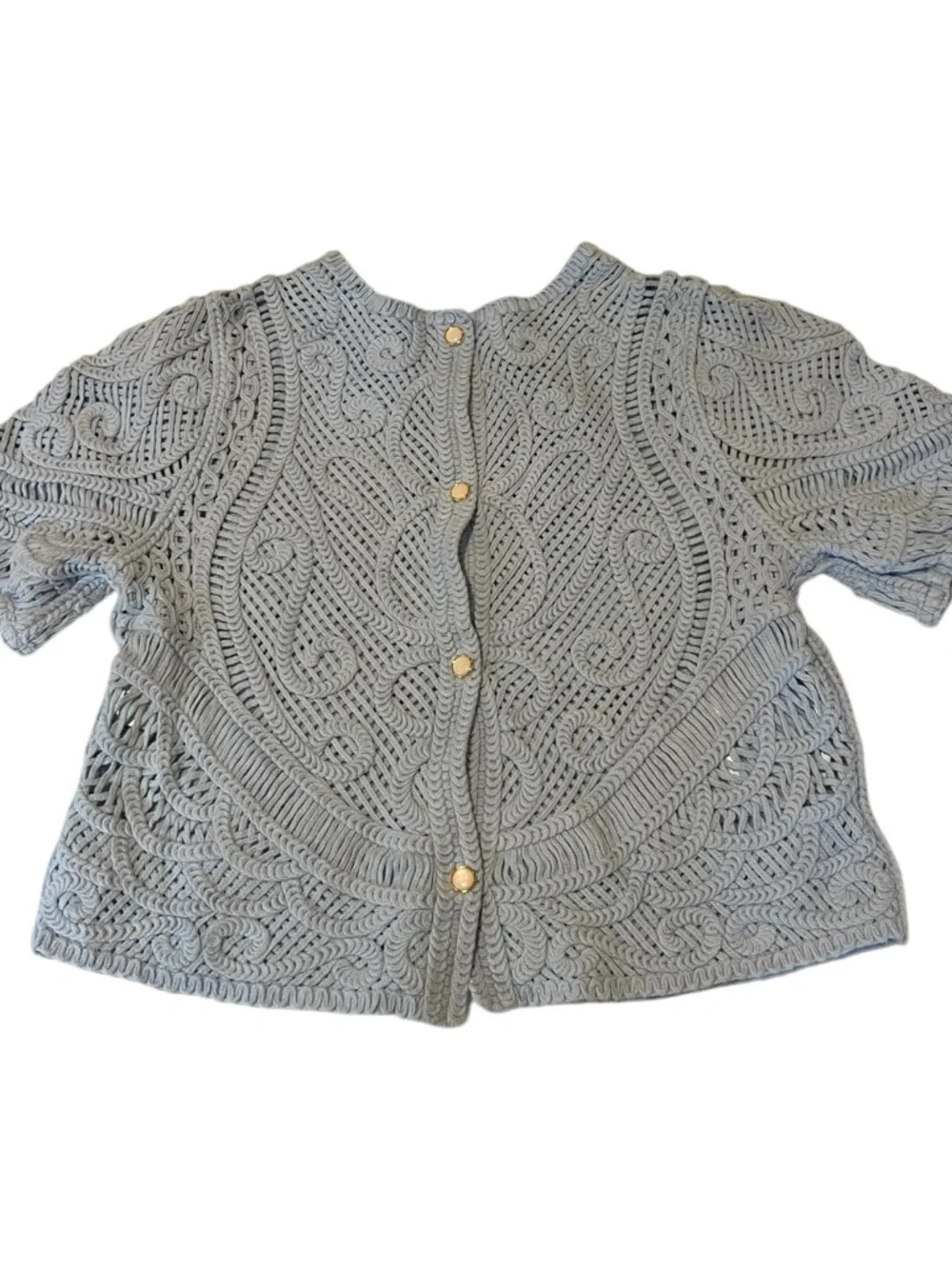 WHBM White House Black Market Blue Crochet Top Puff Sleeve Open Knit Cottagecore - Picture 7 of 14